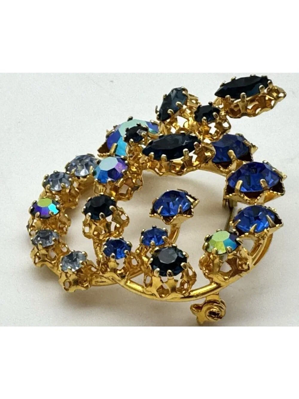 Vintage AUSTRIAN Brooch, Blue Crystal AB Rhinestone Prong Set, Lots of Sparkle!